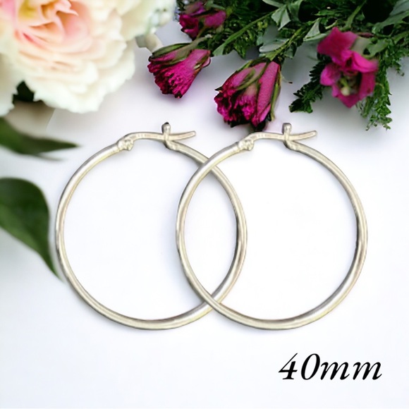Sterling Silver Medium Plain Hoop Earrings, Classic Silver Jewelry, 40mm - Picture 1 of 5